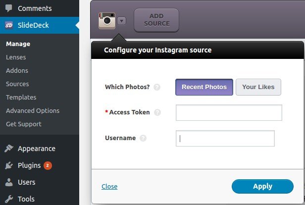Instagram Token Key and Username.