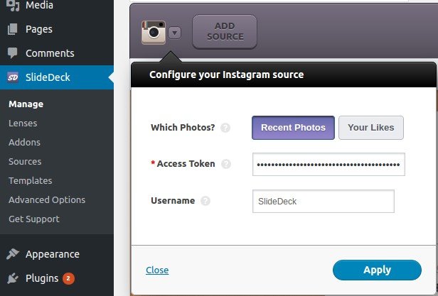 Instagram Token Key and Username.