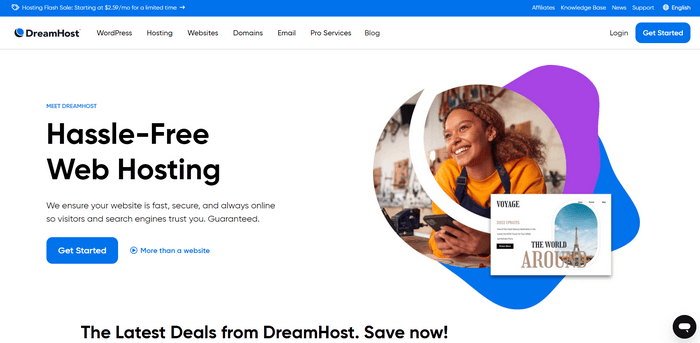 DreamHost offering a variety of hosting services, including shared, VPS, and dedicated hosting. 