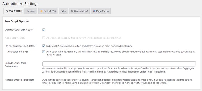 Settings for JavaScript optimization options